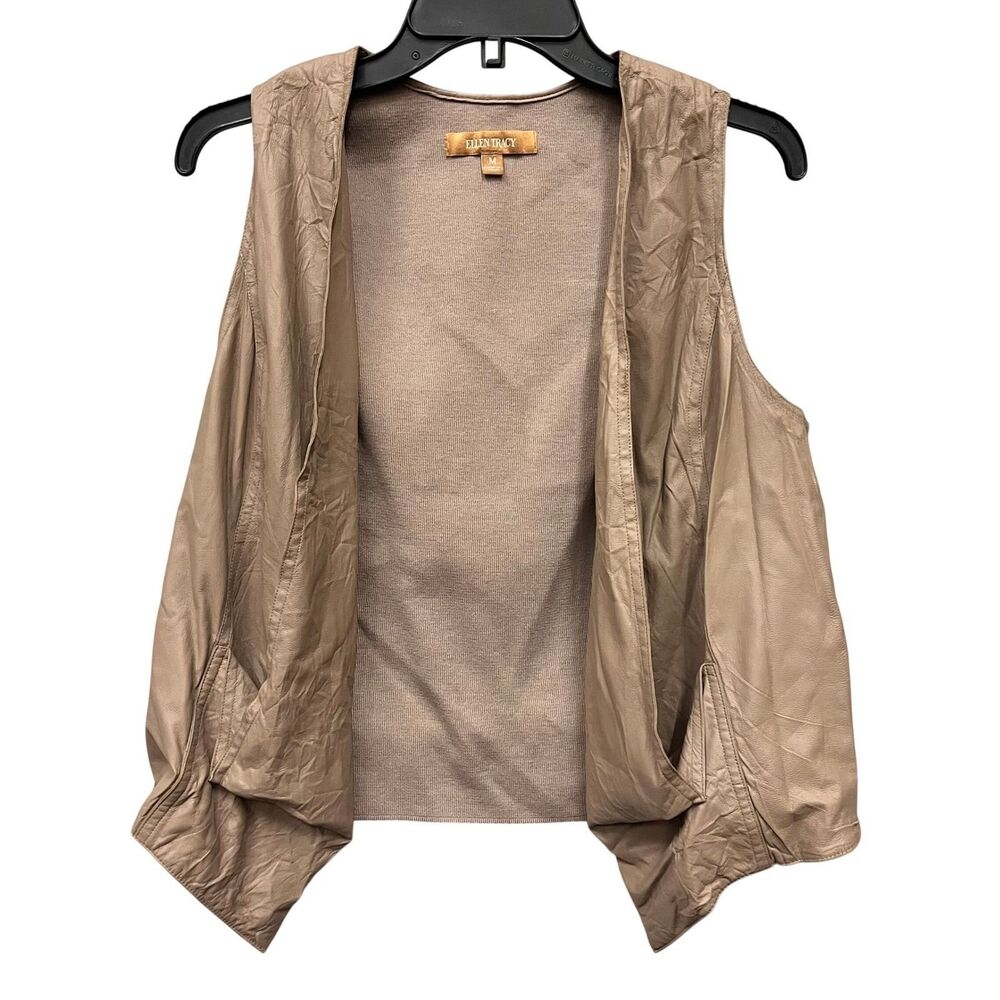 Ellen Tracy Women's Tan Faux Leather Rib Knit Back Open Front Vest MEDIUM